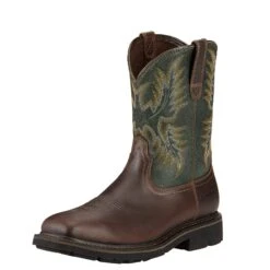 Ariat Boots: Men's 10017434 Brown Green Sierra Wide 10" Steel Toe Slip Resistant Pull On Work Boots -Men's Work Boots Store 10017434 3 4 front