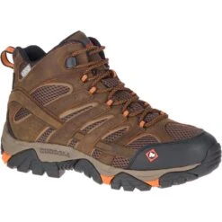 Merrell Boots: Men's J31239 Brown Orange Moab Vertex Mid Waterproof Slip Resistant Work Boot -Men's Work Boots Store j31239